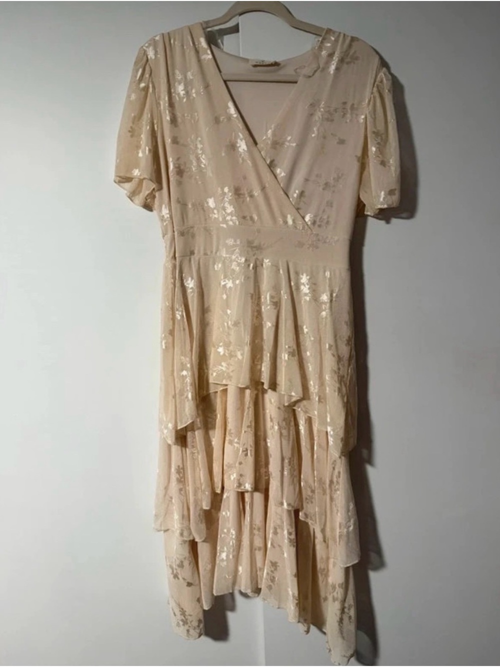Ivory-Beige Floral Tiered Wrap Midi Dress - Women's
